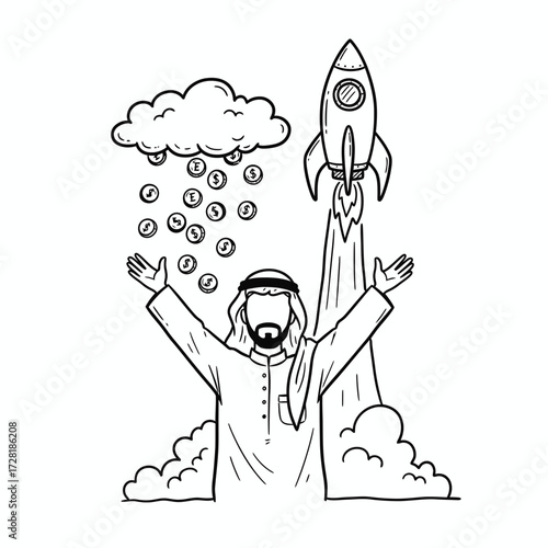 An Arab man with arms raised under a cloud of falling coins, next to a launching rocket.