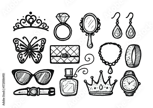 Hand-drawn fashion accessories collection with jewelry, glasses, and watch