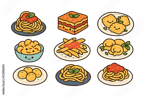 Adorable cartoon pasta varieties with cute faces: spaghetti, lasagna, ravioli