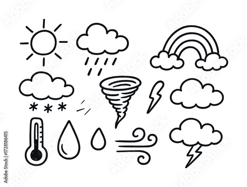 Weather symbols: sun, clouds, rain, rainbow, tornado, temperature, wind, snow