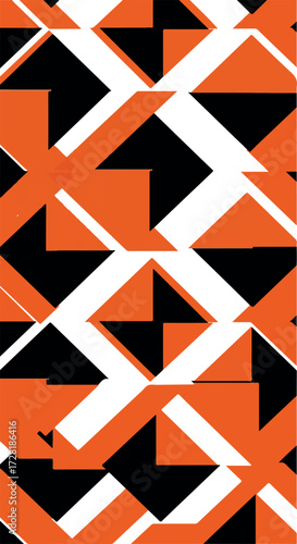 Geometric Abstract Composition with Orange Black and White Triangles.
