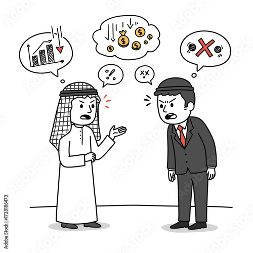 Two businessmen, one Arab, arguing about financial losses and business deals.