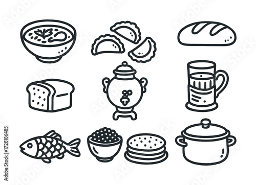 Russian cuisine icons: borscht, dumplings, samovar, bread, fish, caviar, pancakes, pot, tea