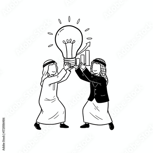 Two Arab men collaborate, lifting a glowing lightbulb with a rising graph, symbolizing innovation.