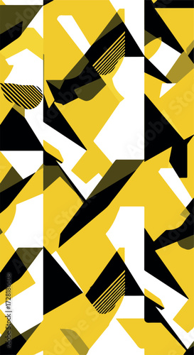 Geometric Abstract Composition with Yellow Black and White Shapes.