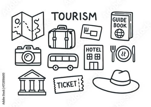 Travel icons set: map, suitcase, camera, bus, guidebook, hotel, ticket, hat