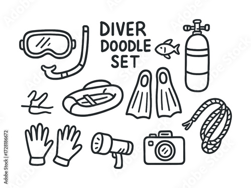 Diver doodle set: snorkel, flippers, scuba gear, camera, and accessories