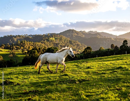 Majestic white horse in a lush green meadow at sunset