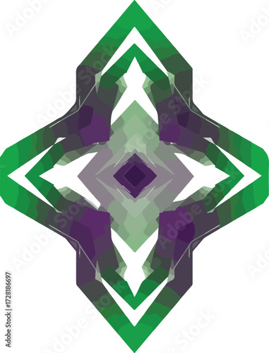 Geometric abstract design with green and purple hues a symmetrical artistic composition.