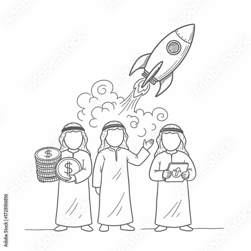Three figures in traditional attire celebrate a rocket launch, symbolizing a new venture.
