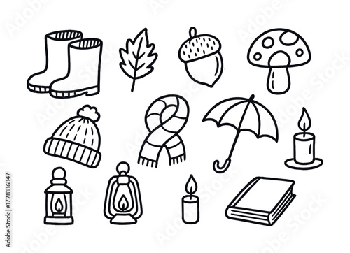 Autumn doodle collection: boots, leaf, acorn, umbrella, lantern, candle, hat, scarf