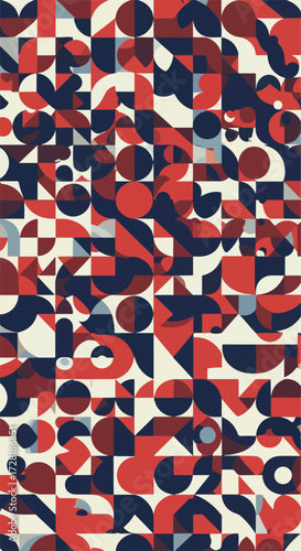 Geometric abstract design with red and navy shapes arranged in a pattern.