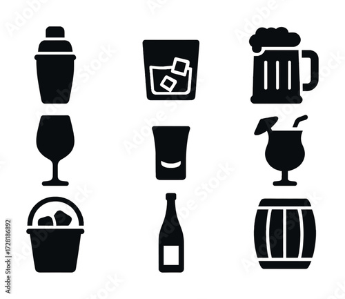 Silhouette icons: cocktail shaker, beverage glasses, ice bucket, beer mug, wine glass, bottle, barrel