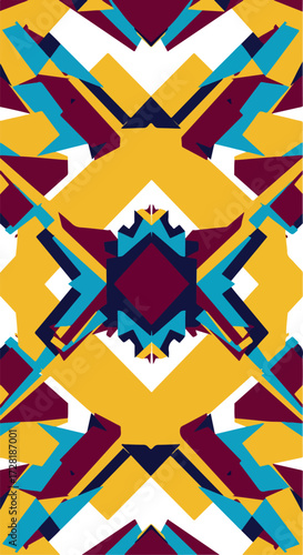 Geometric abstract design with vibrant colors and symmetrical patterns.