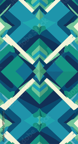 Geometric abstract design with vibrant teal and green hues creating a symmetrical pattern.