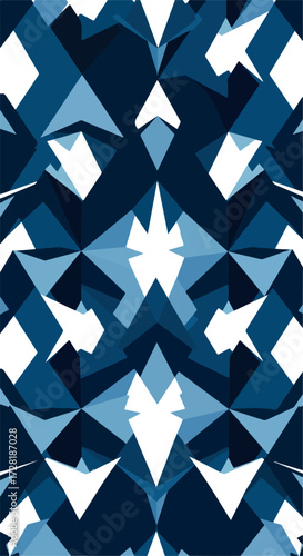 Geometric abstract pattern of blue and white shapes forming a symmetrical design.