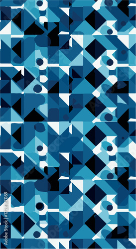 Geometric abstract pattern with blue and teal shapes and forms.