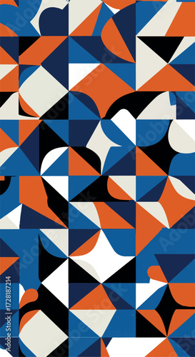 Geometric abstract pattern with triangles and curved shapes in vibrant colors.