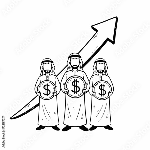 Three men in traditional Arab clothing holding dollar coins, with an upward-pointing arrow in the background.