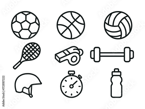 Outline icons of sports equipment including balls, racket, whistle, dumbbell, helmet, stopwatch, water bottle