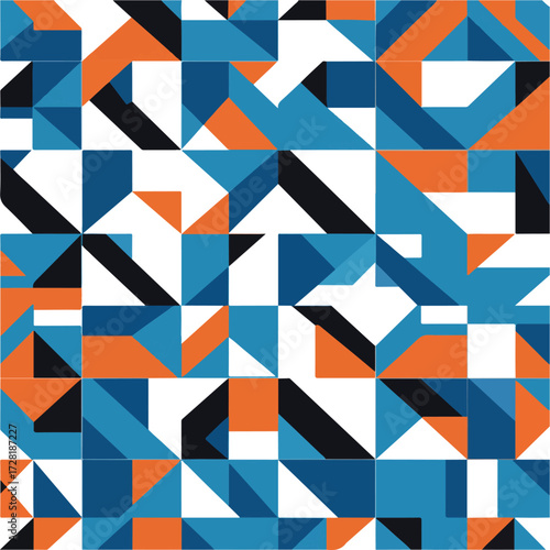 Geometric Abstract Pattern with Triangles and Squares in Various Colors.