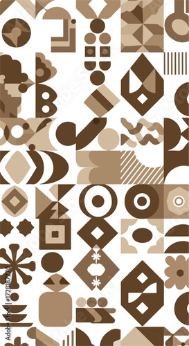 Geometric abstract pattern with various shapes and forms in brown tones.
