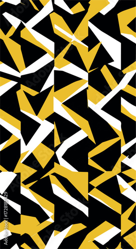 Geometric abstract pattern with yellow black and white shapes.