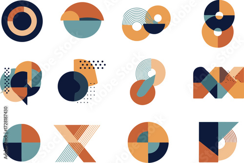 Geometric abstract shapes in various colors and arrangements for design.