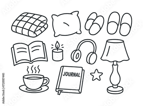 Cozy home essentials illustration with pillow, blanket, candle, and more