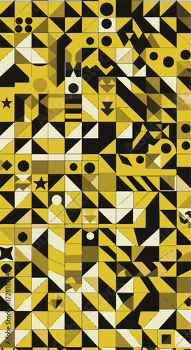 Geometric abstract pattern with yellow black and white shapes and forms.