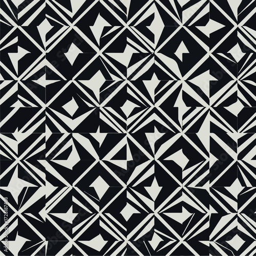 Geometric black and white pattern with abstract shapes and lines.