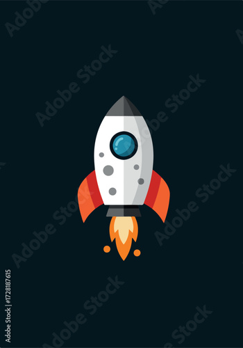 Rocket ship illustration soaring through space with flames and details.