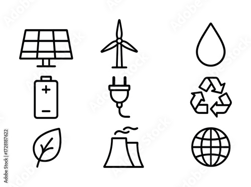 Sustainable energy icons: solar, wind, water, battery, plug, recycling, leaf, factory, globe