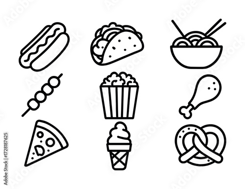 Outline icons of popular fast food: hotdog, taco, noodles, pizza, ice cream, pretzel