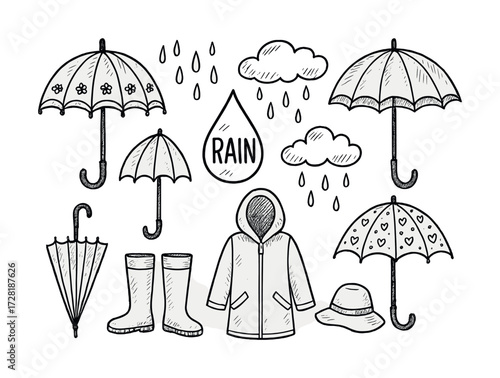 Hand-drawn rain elements: umbrellas, raincoat, clouds, boots, and hat