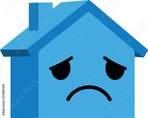 Sad blue house with a chimney and a depressed expression on its face.