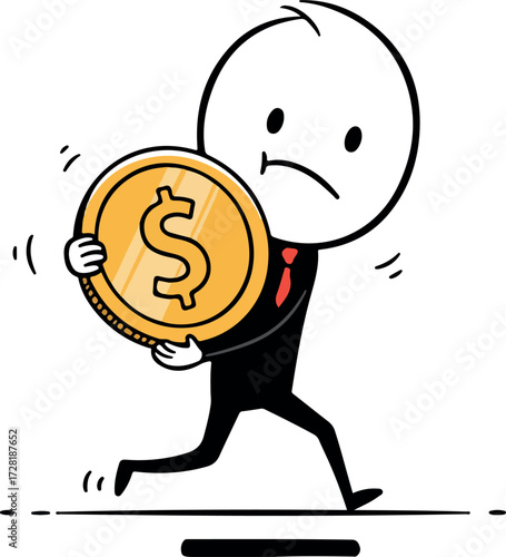 Sad person carrying a large gold coin with dollar sign.