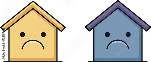 Sad houses with different colors and unhappy faces.