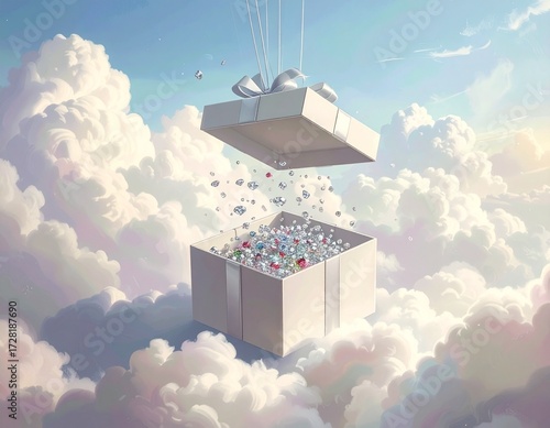 Gift box suspended in clouds, raining diamonds and gemstones.