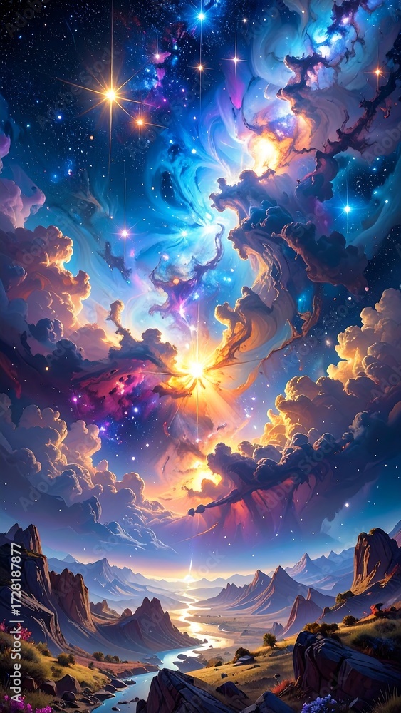 Obraz premium A vibrant, surreal landscape of a valley beneath a starry, colorful sky