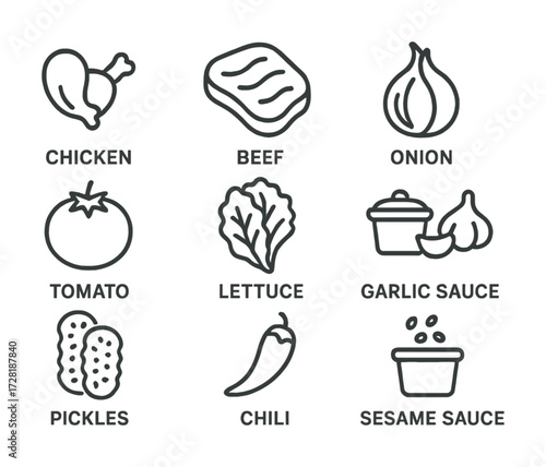 Outline icons of chicken, beef, onion, tomato, lettuce, garlic sauce, pickles, chili, sesame sauce