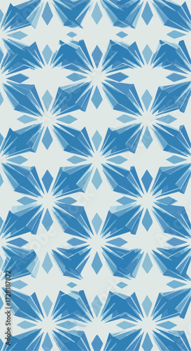 Geometric blue floral pattern repeating design on white background.