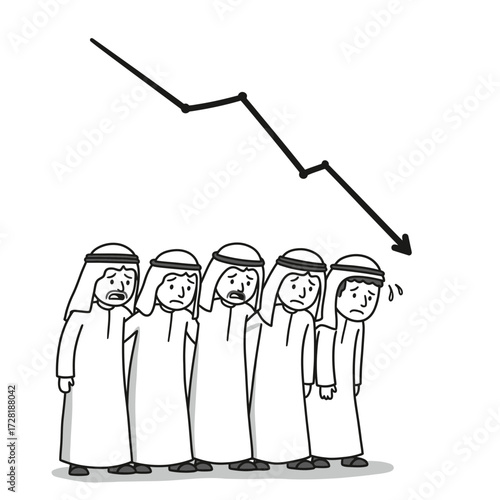 Five men in traditional Arab clothing look dejected under a downward trending line graph, symbolizing economic downturn.
