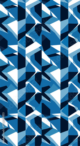 Geometric blue pattern with repeating shapes and abstract design.