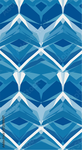 Geometric blue pattern with repeating shapes and symmetrical design.