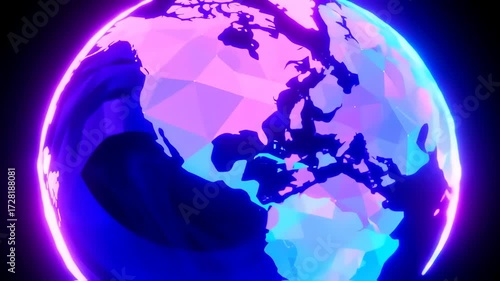 A stylized, low-poly globe, vibrant with neon-like colors of pink, purple, and blue