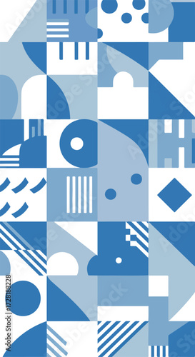 Geometric Blue Shapes Abstract Composition with Various Forms and Patterns.