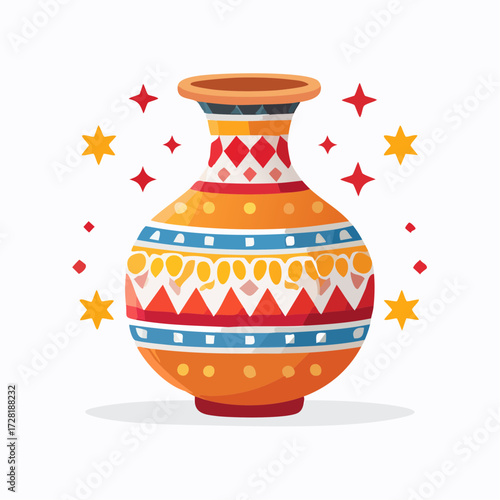 Illustrated Decorative Pottery Vase with Geometric Patterns and Starbursts on White Background