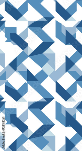 Geometric blue shapes create a dynamic and visually interesting pattern.