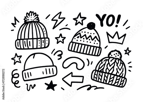 Doodle set of winter hats with fun patterns and symbols